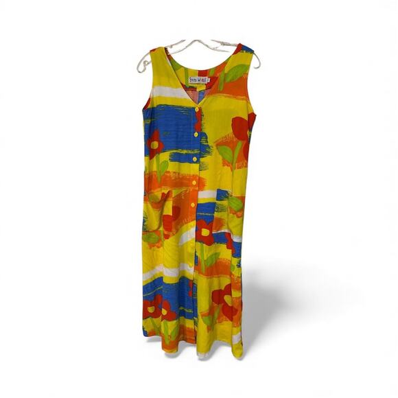 JAMS WORLD Vtg Floral Beach Hawaii POCKETS Button Up Midi Dress SZ S - Picture 1 of 5